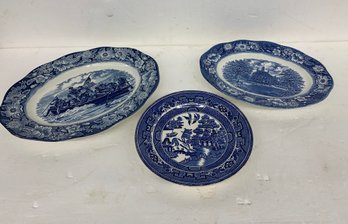 Two Liberty Blue Platters And One Staffordshire Plate