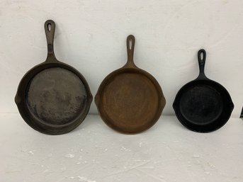 Three Cast Iron Skillets - Lodge - Benjamin Medwin - Wagner Unmarked