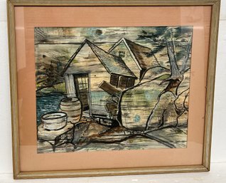 Signed Watercolor - Weathered Fish Houses - Janet Moore - 20x24