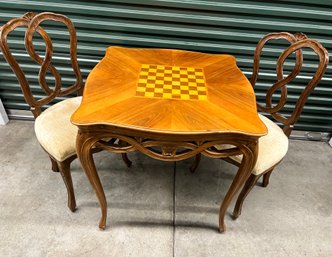 French Provincial Game Table With Inlaid Checker Board And Two Matching Chairs - 31 Inches