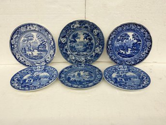 Six Blue And White Plates - One Has Chip