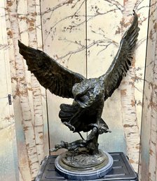 Large Bronze Owl Signed Moigniez - 37 Inch Tall - 29 Inch Wing Span - 16 Inch Marble Base