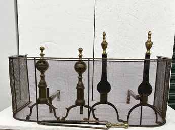 Two Pair Early Andirons And A Screen