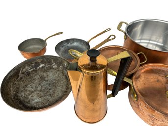 Lot Of Copper Pots , Pans Etc