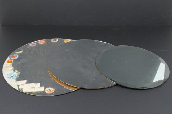 Lot Of 3 Round Mirrors - One With Vintage Stickers