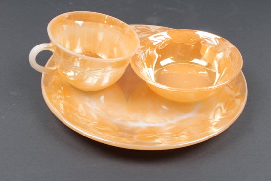 Vintage Mid Century Peach Luster Fire King Plate, Cup And Bowl