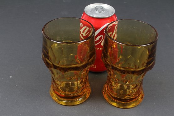 Set Of 2 Vintage Mid Century Amber Glass Drinking Glasses