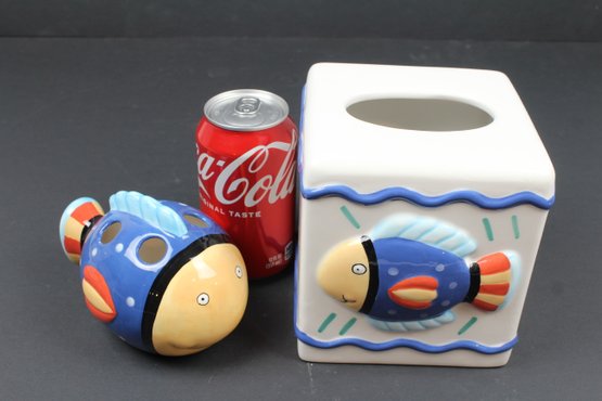 Fun Funky Ceramic Fish Tissue Holder And Toothbrush Holder Set