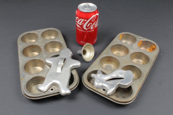 Two Vintage Muffin Tins, Two Vintage Metal Cookie Cutters And A Very Vintage Metal Funnel