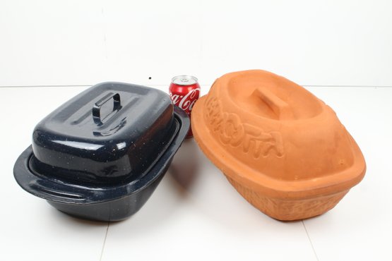 Two Roasting Pans - One Metal Enamel And One Stoneware La Terracotta