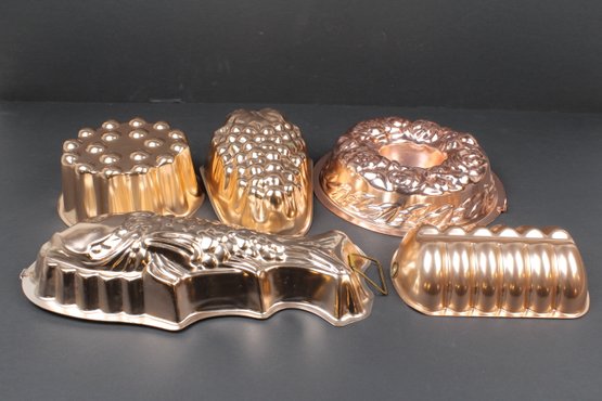 Five Vintage Light Copper Jello Molds Wall Hangers Fish, Grapes, Loaf, Cake, Wreath