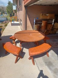 Round Wood Vintage Patio Table With Four Benches