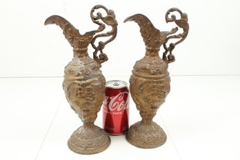 Pair Of Antique Bronze Pitchers - Greek Roman Theme - Painted