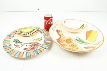 Two Festive Hand Painted Chip And Dip Plates