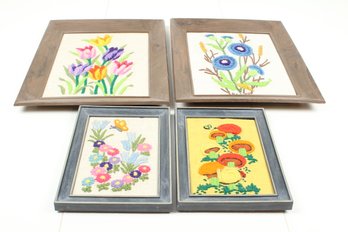 Lot Of Four Vintage Needle Point Yarn Pictures Framed