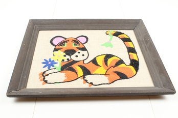 Vintage Mid Century Needlepoint Yarn Tiger Picture Framed