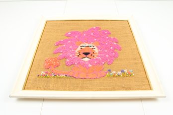 Vintage Mid Century Needlepoint Yarn Art On Burlap Lion - Framed