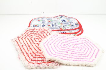 Two Hand Made Crochet Place Mats And Three Store Bought Place Mats