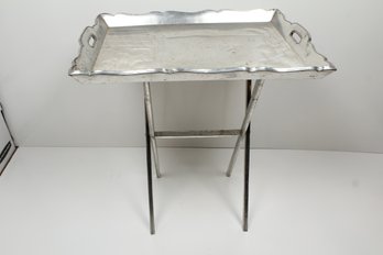 Vintage Silver Metal Tray With Stand - Southwestern Embossed Design