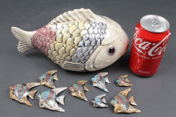 Handmade Ceramic Fish Dish With 8 Small Ceramic Fishes