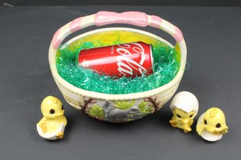 Handmade Ceramic Easter Basket Signed With 3 Ceramic Chicks