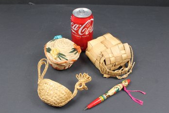 Three Vintage Souvenir Baskets And One Souvenir Wood Pen