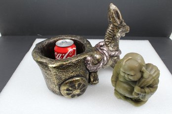 Vintage Ceramic Foil Covered Burro Planter And Buddha Candle