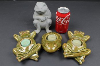 Frog Stuff - 3 Ceramic Frog Candle Holders And One Stone Garden Frog