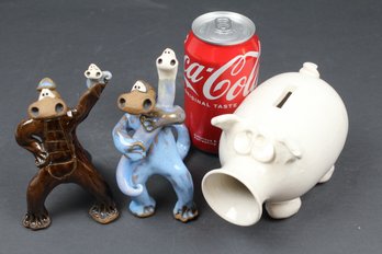 2 Interesting Hand Made Stoneware Figures And A Stoneware Piggy Bank