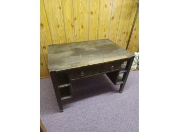 Antique Wood Heavy Duty Desk Table With Side Shelves And Drawer