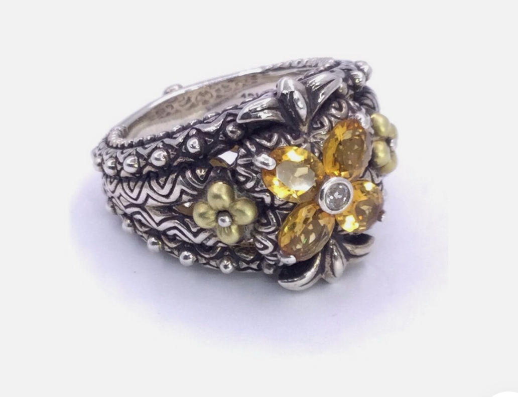 BARBARA BIXBY STERLING SILVER -18K BRIGHT CITRINE &WHITE TOPAZ FLOWER RING  #3224 | Auctionninja.com