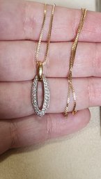 14k Box Chain Oval Paved Diamond Pendent Necklace 16 Inches