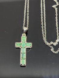 Sterling Silver White Topaz Emerald Cross Pendant Necklace