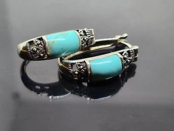 Sterling Silver Faux Turquoise Hoop Earrings 1 Inch