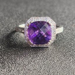 14k White Gold Cushion Cut Amethyst Diamond Ring