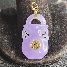 Fine Quality Carved Purple Jade Vessel Pendent 14k Gold