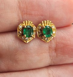 18k Gold Natural Emerald Diamond Earrings Dark Green And Stunning