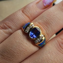 14k Yellow Gold Tanzanite Opal Inlay Ring Size 7