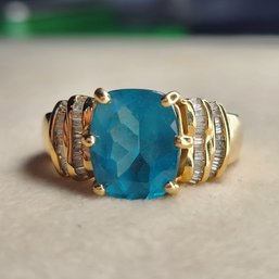 14k Yelow Gold Blue Topaz Diamond Ring Size 9.25