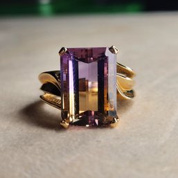 14k Yellow Gold Large Emerald Cut Ametrine  Ring Size 6