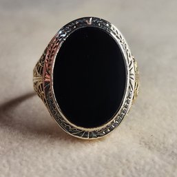 Vintage 14k White Gold Open Filigree Black Onyx Signet Ring  Size 7