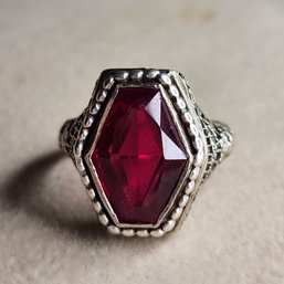 Vintage 14k White Gold Casket Cut Ruby Ring Lab Created Size 5.5 Open Filigree Design