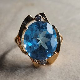 14k Yellow Gold Large Oval Blue Topaz Diamond Ring