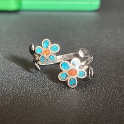 Native American Sterling Silver Turquoise Coral Inlay Flower Bypass Ring Size 8