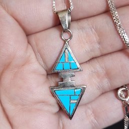 Sterling Silver Turquoise Opal Inlay Pendent On Italian Sterling Silver Chain