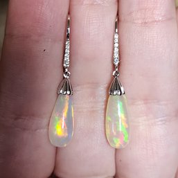 14k White Gold 6.88 Cttw Opal Diamond Teardrop Leverback Earrings