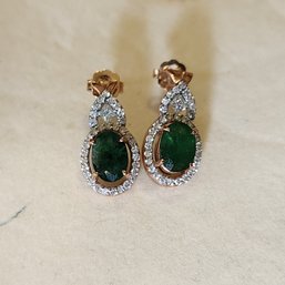 14k Rose Gold Natural Emerald Diamond Earrings 3.15 Grams