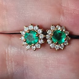 14k Natural Emerald Diamond Halo Earrings