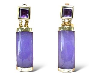 14k Yellow Gold Lavender Jade Amethyst Drop Earrings