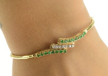 14k Emerald Diamond Bypass Bangle 7.25 Grams